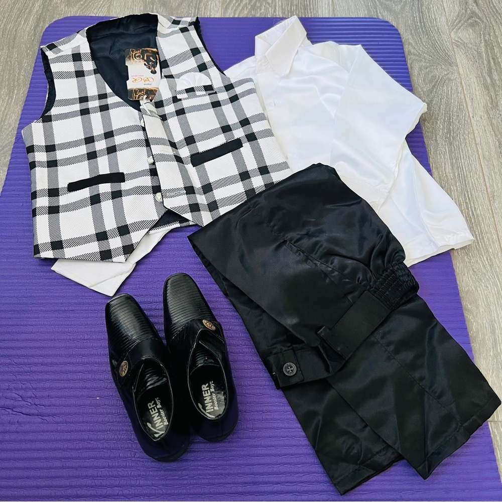 B&W , maroon vest with white shirt, maroon shirt, two Black Pants and Shoes